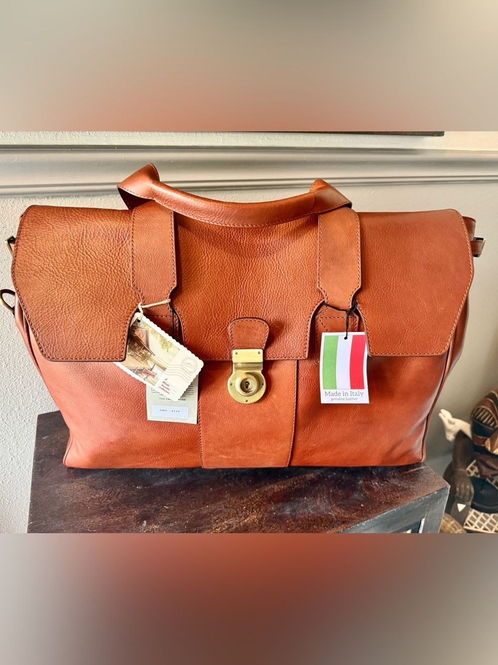 Old Angler Italian-Made Leather Satchel in Cognac higher end weekend bag. NWT